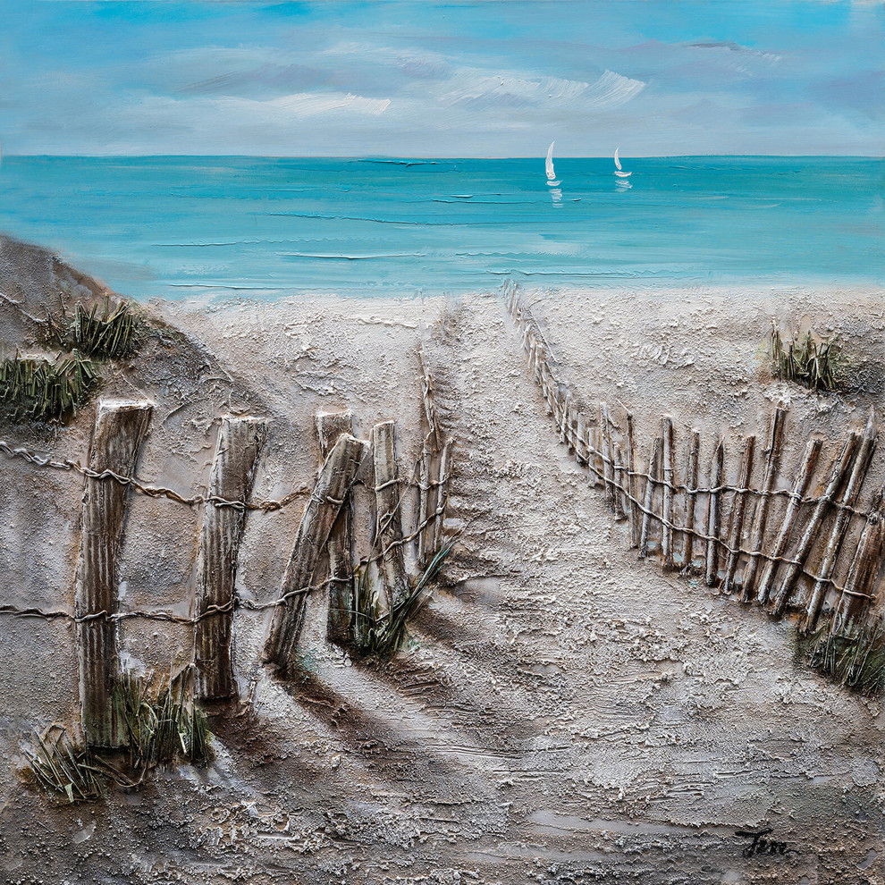 "Summer by the Beach" Hand Painted Canvas Art, 40"x40" Beach Style