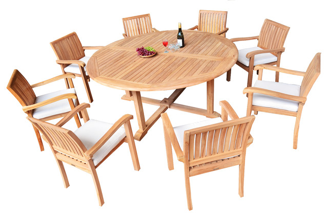9 Piece Outdoor Patio Teak Dining Set 72 Round Table 8 Nain Stacking Chair Contemporary Outdoor Dining Sets By Teak Deals