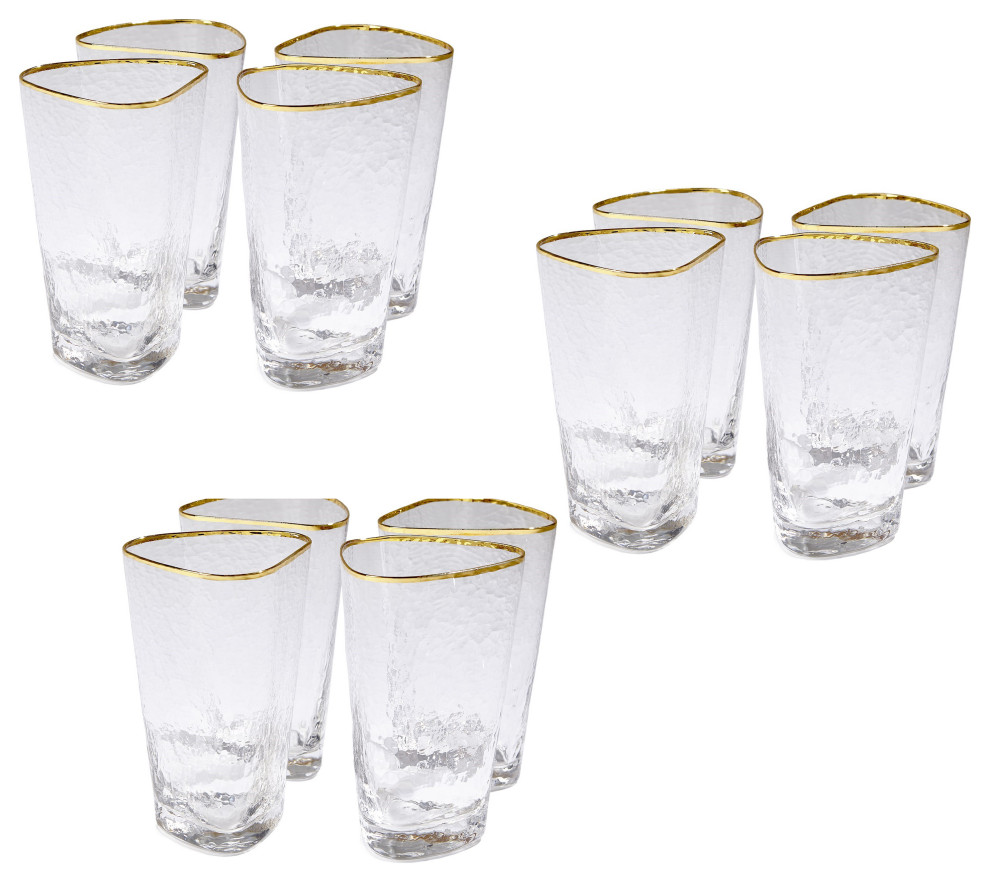 Elegant Hammered Art Drinking Glass Set of 12 Highball Gold Rim Modern
