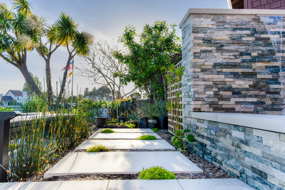 Contemporary backyard shaded xeriscape in San Francisco with a vegetable garden and concrete pavers.