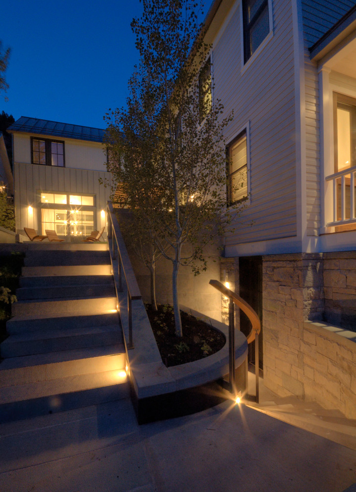 Photo of a mid-sized contemporary three-storey grey exterior in Denver with wood siding.