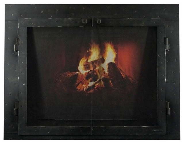 Iron Fireplace Glass Door With Gate Mesh 4 Frame Industrial