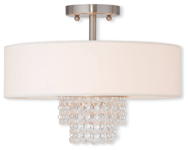 Ceiling Mount With Clear Crystals and Off-White Fabric, Brushed Nickel ...
