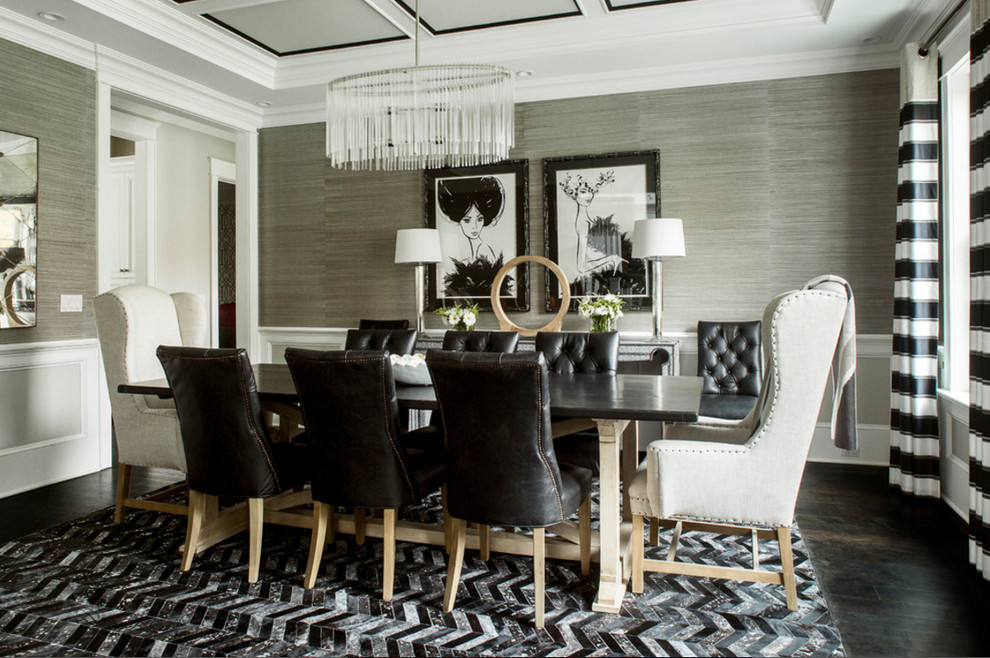 Chevron Cowhide Rug in a Black & White Dining Room Contemporary