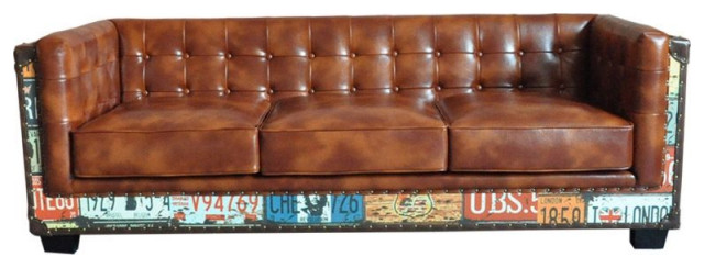 Vintage Industrial Loft 3-Seater Sofa Tufted Brown Faux Leather Upholstered Sofa