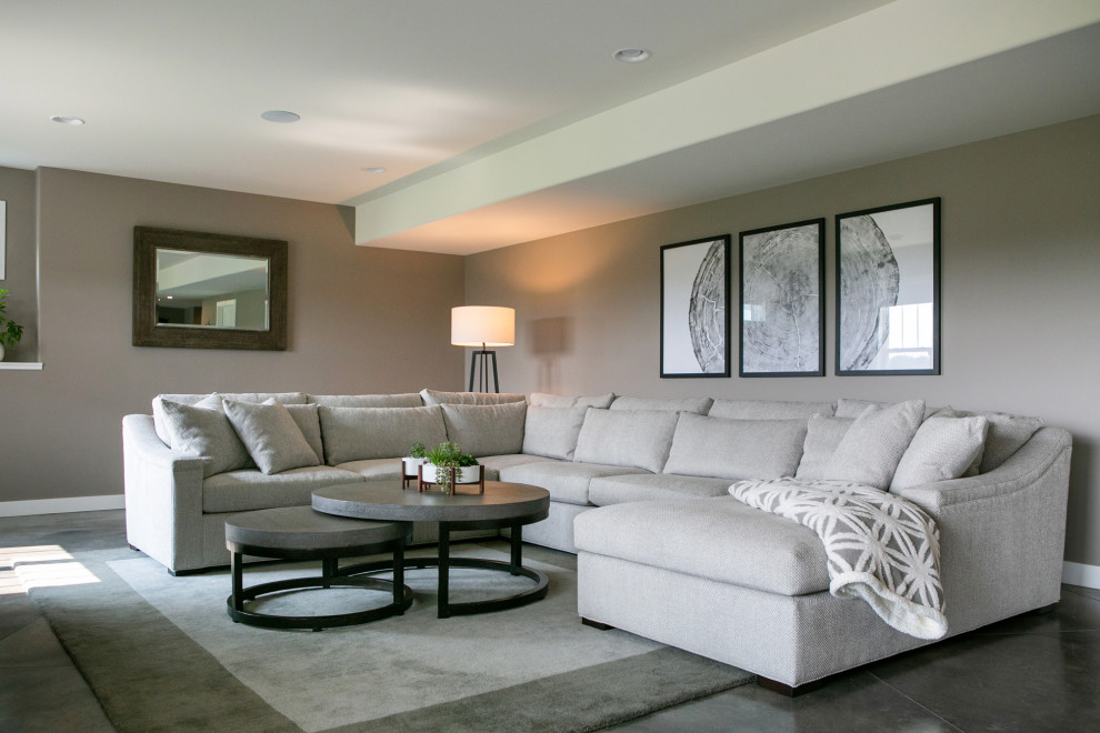 Ispirazione per un grande soggiorno contemporaneo con pareti grigie, pavimento in cemento e pavimento grigio