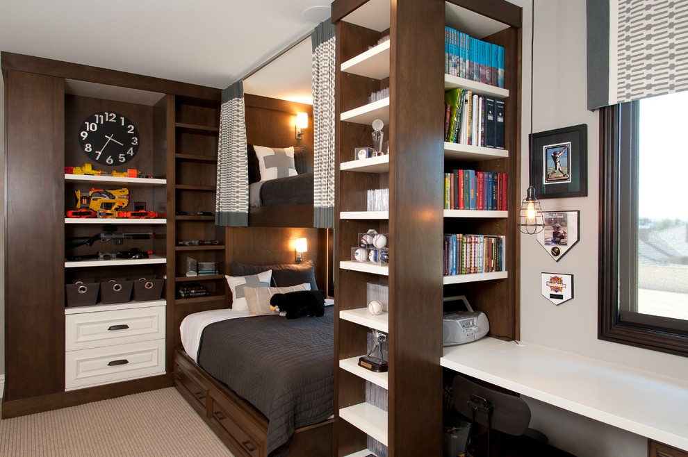 Robeson Design Boys Room Storage Solutions - Inspiration for a bedroom transitional boy carpeted kids' bedroom remodel in San Diego with multicolored walls