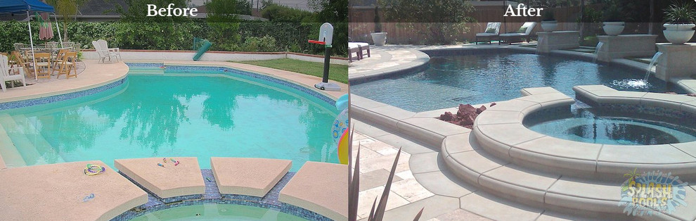 Immagine di una piscina naturale personalizzata di medie dimensioni e dietro casa con fontane