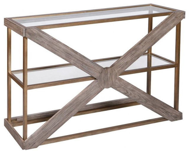 Modern Farmhouse Natural Wood Console Table and Shelf in Gold Finish
