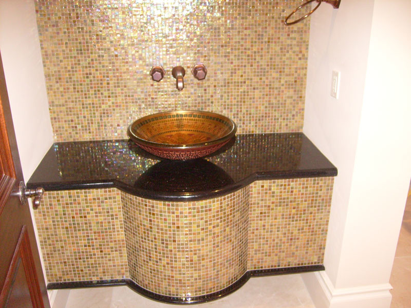 Example of a mid-sized eclectic 3/4 multicolored tile and mosaic tile porcelain tile bathroom design in Houston with a drop-in sink, white walls and granite countertops