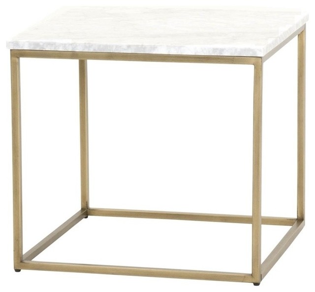 Maklaine Marble Top End Table in White and Brushed Gold Contemporary Side Tables And End