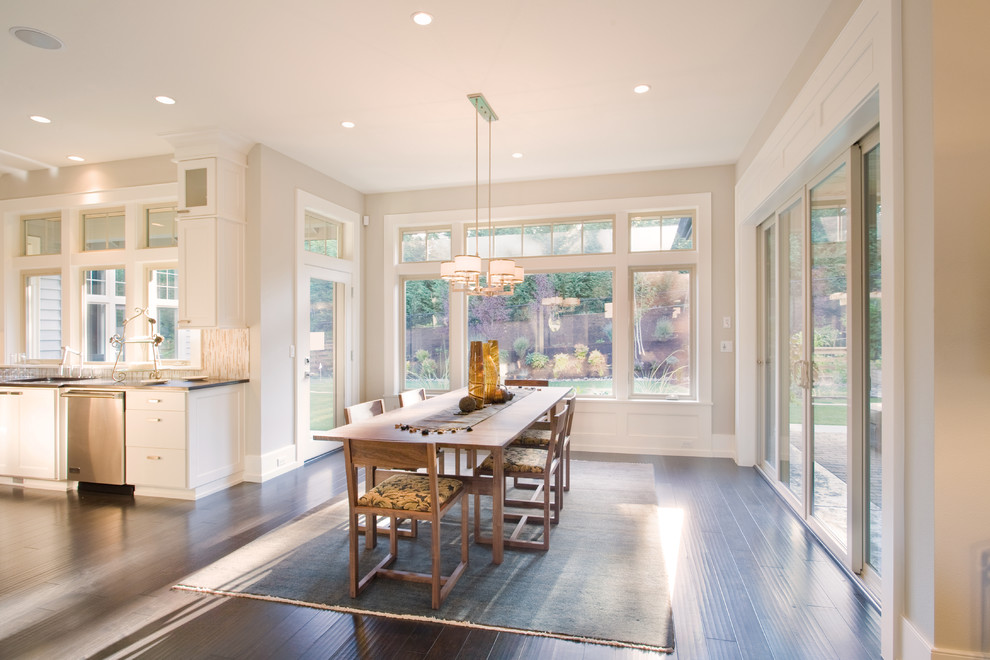 Eat-in kitchen - large dark wood floor eat-in kitchen idea in Minneapolis with an undermount sink, white cabinets, beige backsplash, stainless steel appliances and an island