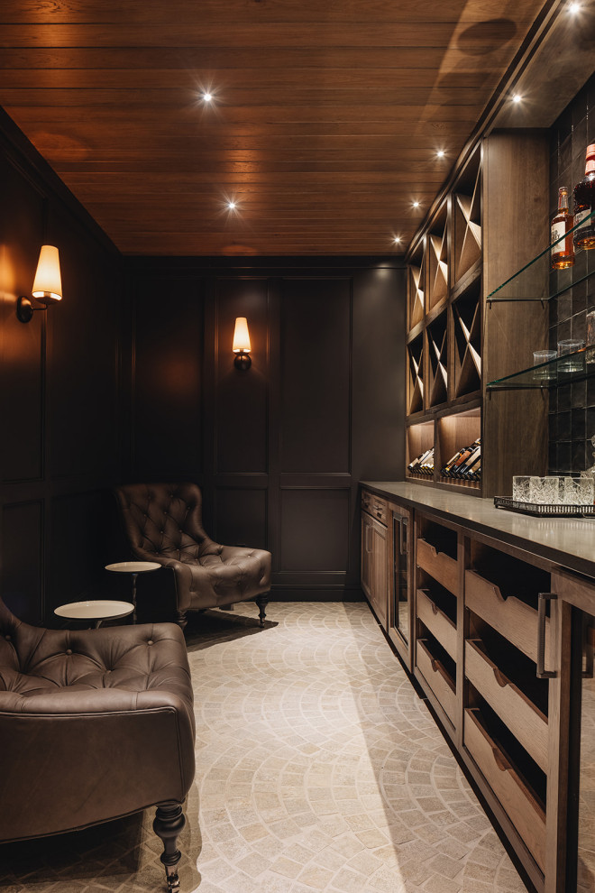 Bourbon & Wine Room - Bourbon and wine room featuring custom hickory cabinetry, antique mirror, black handmade tile backsplash, raised paneling, and Italian paver tile.