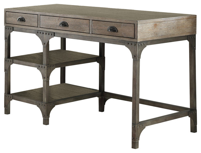 Acme Gorden Writing Desk In Weathered Oak And Antique Silver