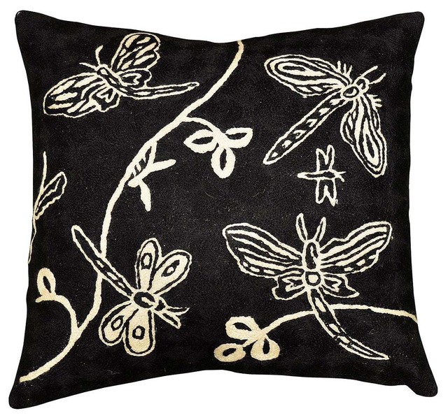 Butterfly Black White Decorative Pillow Cover Hand Embroidered