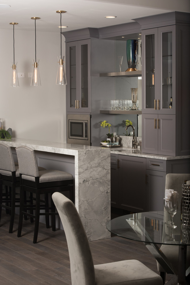 Large transitional wet bar in Chicago with an undermount sink, recessed-panel cabinets, grey cabinets, quartzite benchtops, mirror splashback, dark hardwood floors and brown floor.