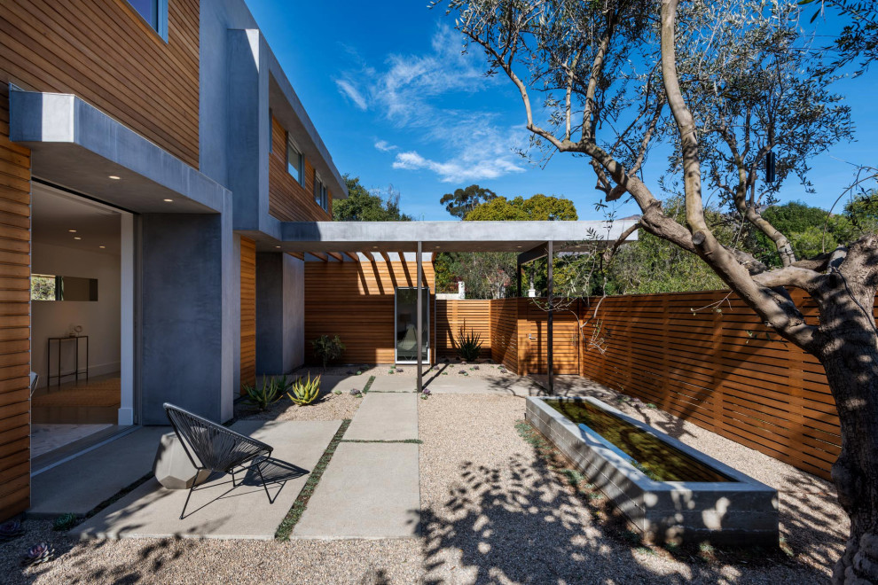 This is an example of a contemporary patio in Santa Barbara with gravel and no cover.