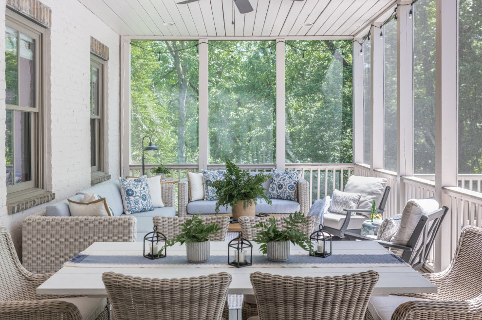 Inspiration for a mid-sized coastal screened-in and wood railing porch remodel in Nashville with a roof extension