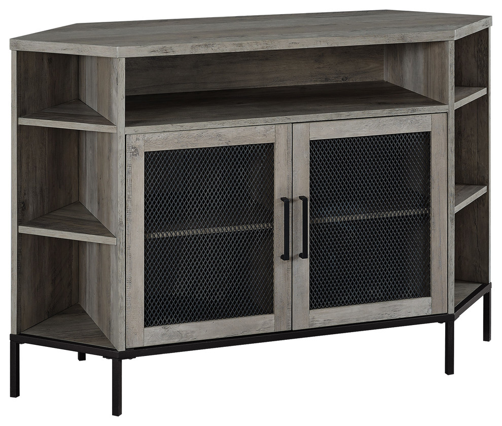 48 Industrial Mesh Door Corner Tv Console Gray Wash Industrial Entertainment Centers And Tv Stands By Walker Edison