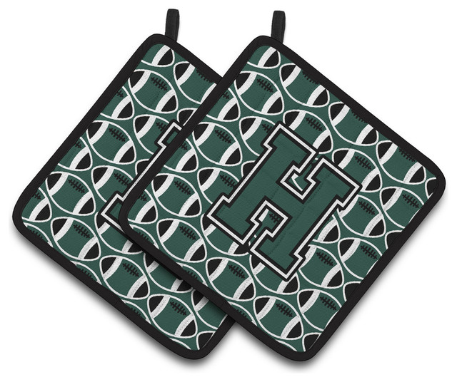 Letter H Football Green and White Pot Holders, Set of 2