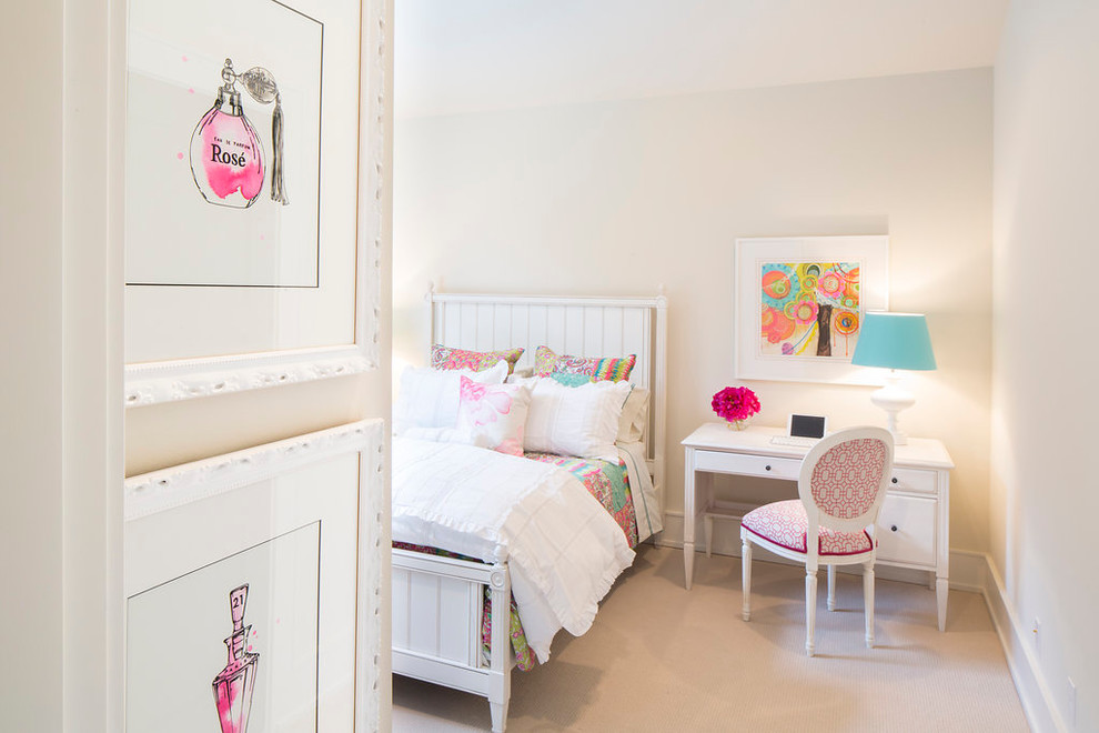 Inspiration for a mid-sized modern kids' room for girls in Phoenix with white walls and carpet.