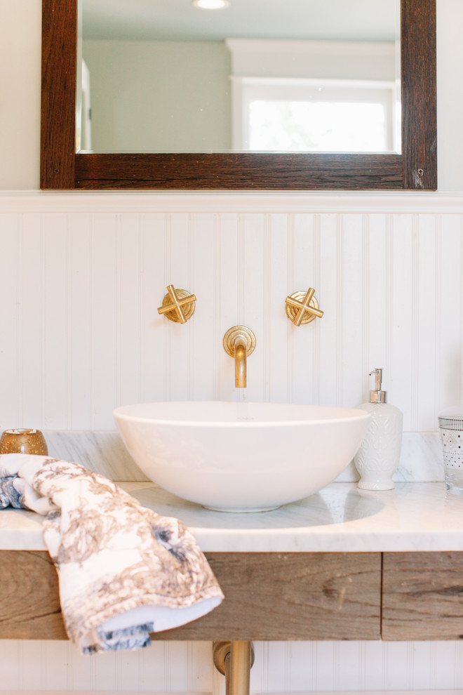 Mid-sized transitional 3/4 white tile ceramic tile bathroom photo in Nashville with open cabinets, white cabinets and solid surface countertops