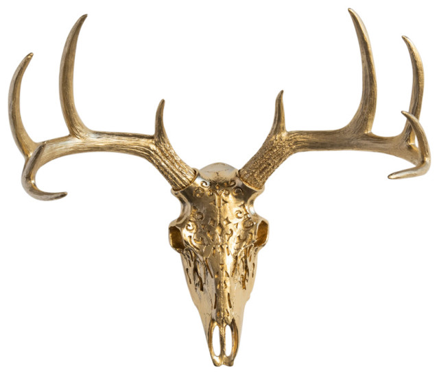 Faux Deer Skull Native American Carving Wall Decor, Gold Rustic