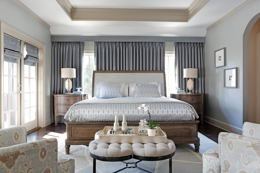 Inspiration for a transitional master bedroom in Atlanta with grey walls and dark hardwood floors.