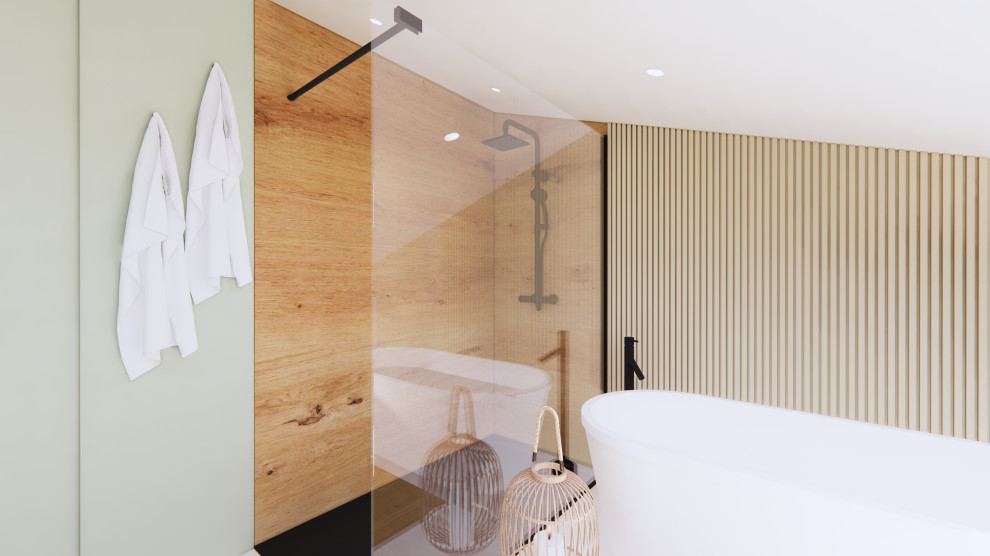 Exempel på ett stort exotiskt en-suite badrum, med luckor med profilerade fronter, vita skåp, ett platsbyggt badkar, en kantlös dusch, en vägghängd toalettstol, beige kakel, gröna väggar, cementgolv, ett nedsänkt handfat, träbänkskiva, beiget golv och med dusch som är öppen