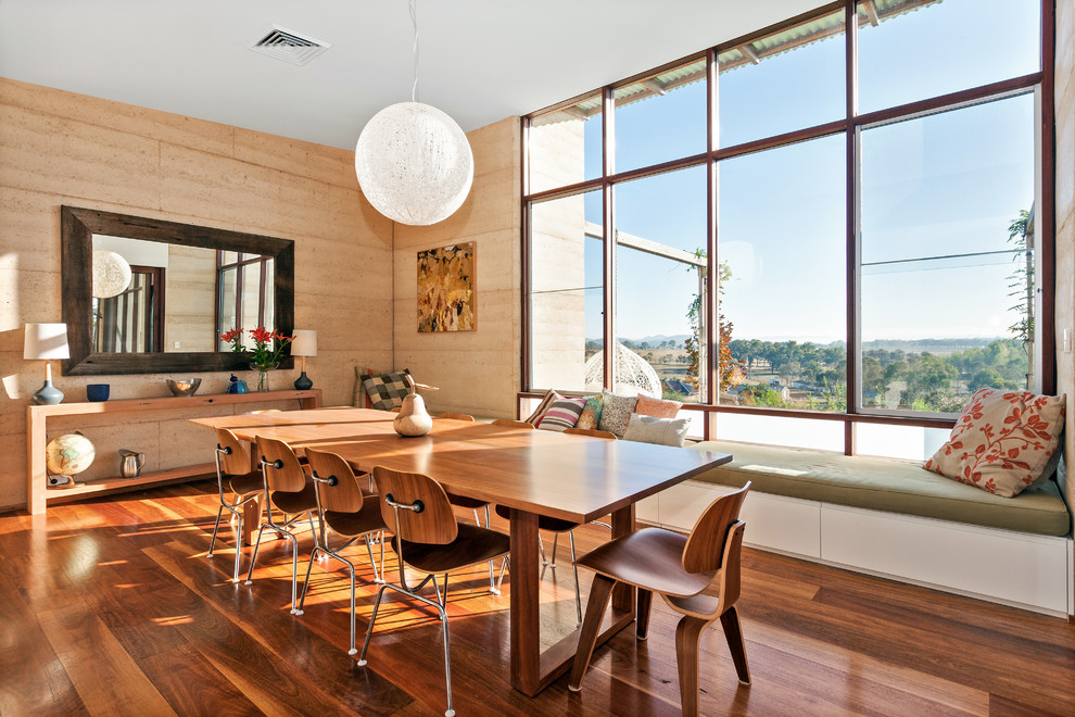 This is an example of a contemporary dining room in Other with brown walls, medium hardwood floors and brown floor.