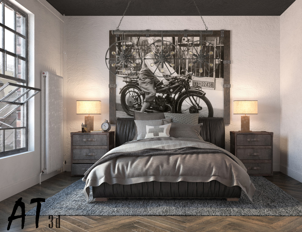 Дизайн и визуализация спальни с гостиной для заядлого холостяка в стиле лофт