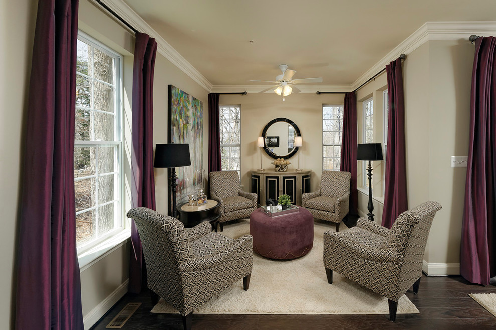 Photo of a mid-sized transitional enclosed family room in Baltimore with a library and dark hardwood floors.