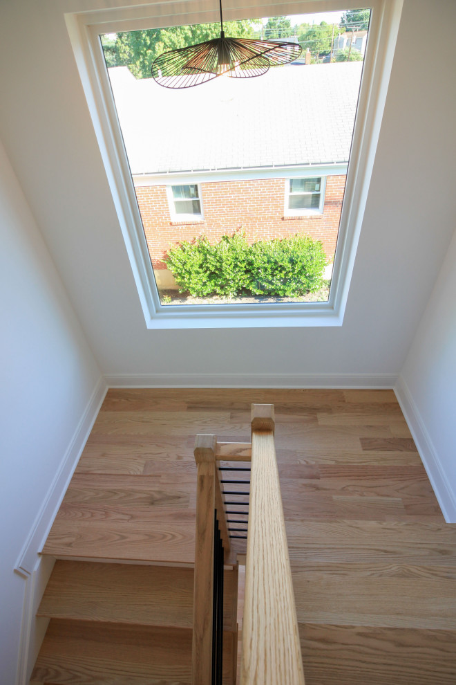 Inspiration for a medium sized contemporary wood floating mixed railing staircase in DC Metro with painted wood risers and tongue and groove walls.