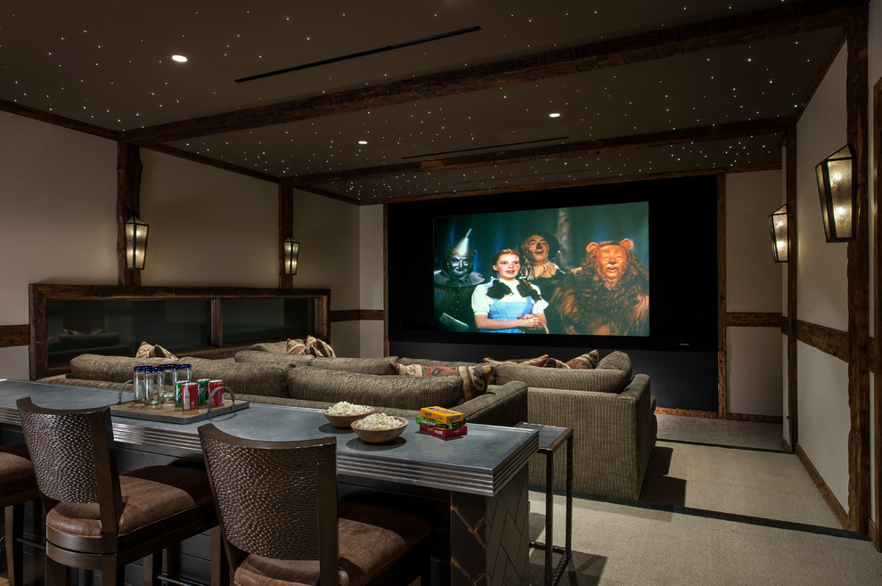 Design ideas for an enclosed home theatre in Phoenix with white walls, carpet, a projector screen and beige floor.