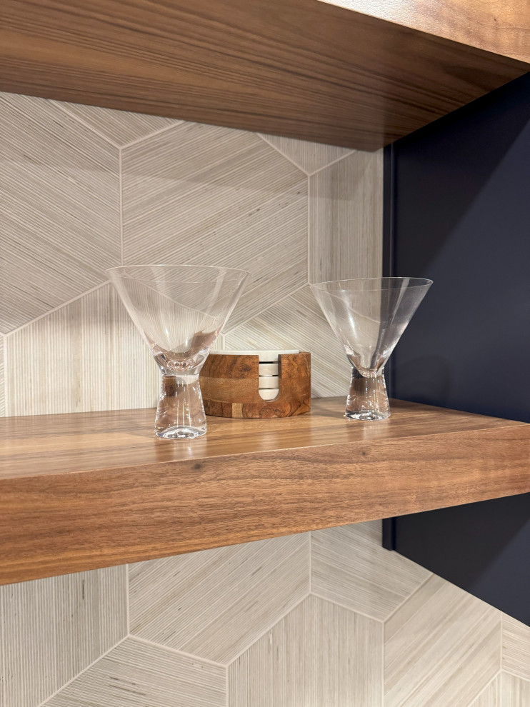 Walnut Shelving & Brass Accents | Home Bar