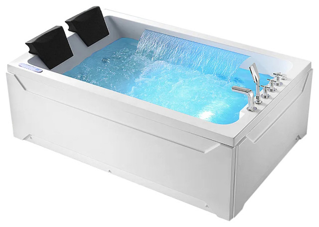 LED Acrylic Solid Surface Whirlpool Bathtub Rectangle White Soaking bathtub, 73"