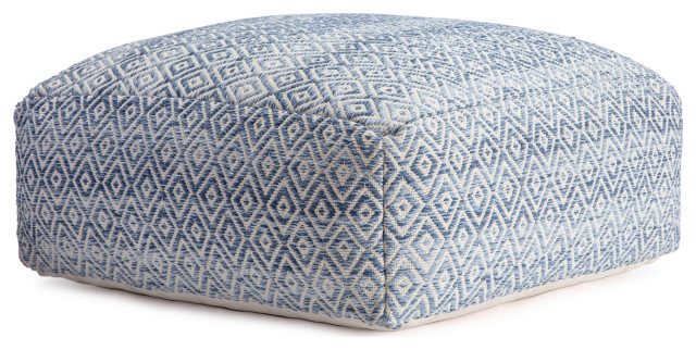 Classic Pouf Ottoman, Padded Seat With Diamond Patterned Upholstery, Blue/Beige