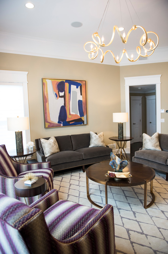 Inspiration for an expansive modern open concept family room in Boston with purple walls, dark hardwood floors, a freestanding tv and brown floor.