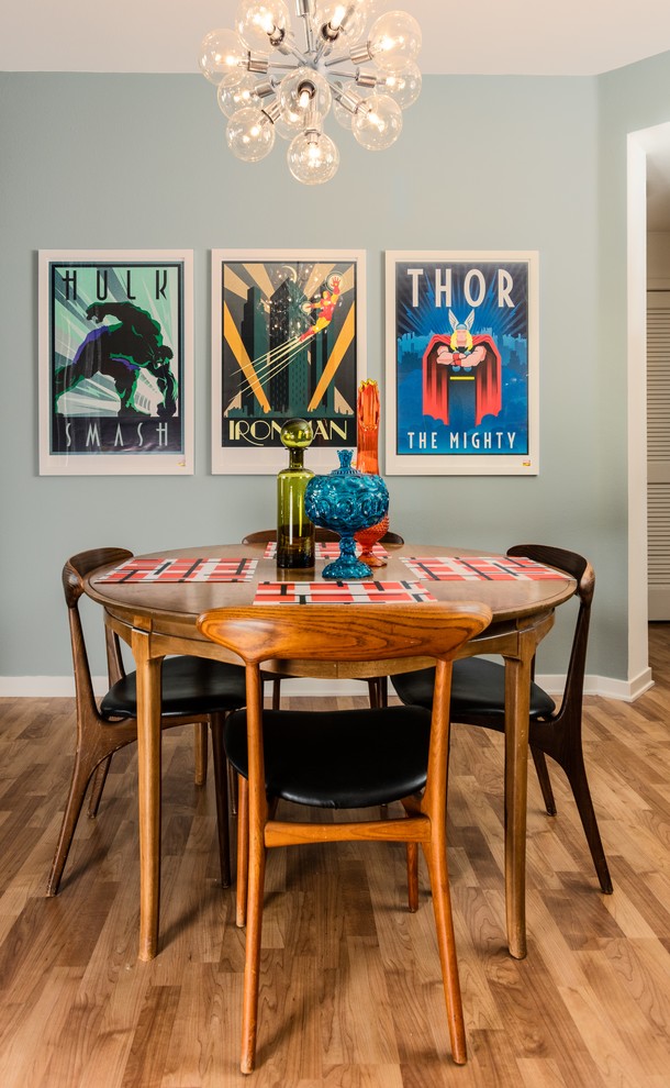 Inspiration for a small 1960s light wood floor kitchen/dining room combo remodel in Orange County with gray walls and no fireplace