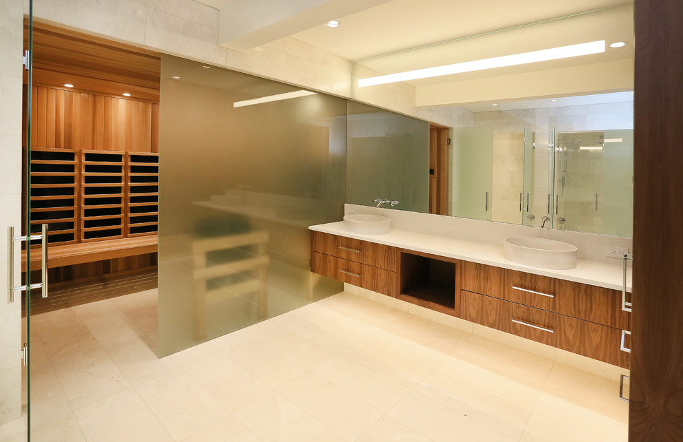 Photo of an expansive asian master bathroom in Vancouver with an undermount sink, open cabinets, dark wood cabinets, quartzite benchtops, white tile, ceramic tile, multi-coloured walls and porcelain floors.