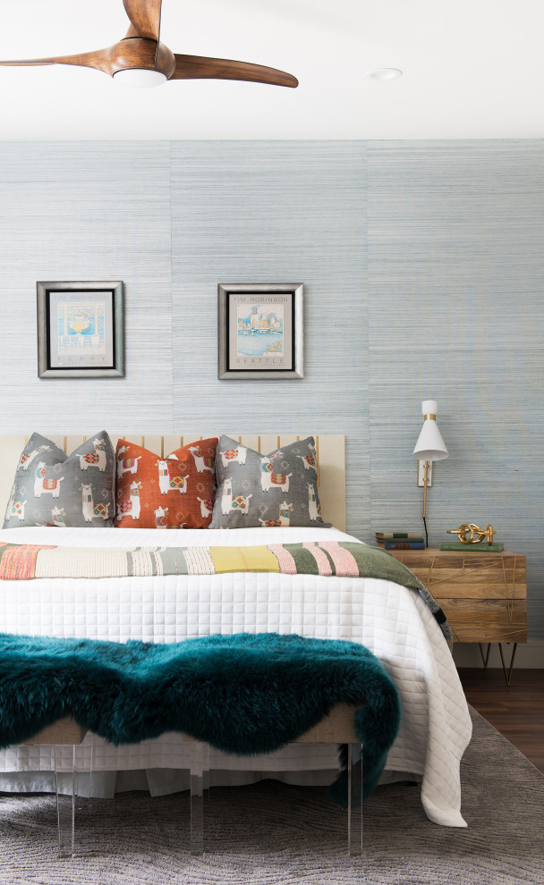 Design ideas for a midcentury bedroom in Houston with grey walls, dark hardwood floors, brown floor and wallpaper.