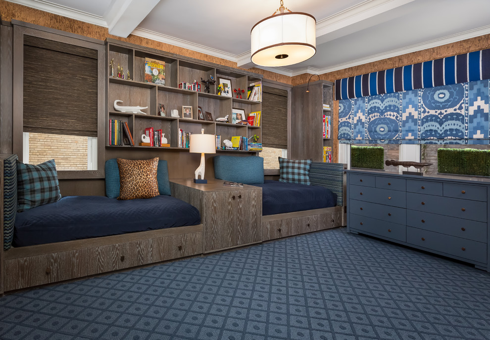 Design ideas for a mid-sized eclectic kids' bedroom for boys and kids 4-10 years old in New York with blue floor, carpet and brown walls.