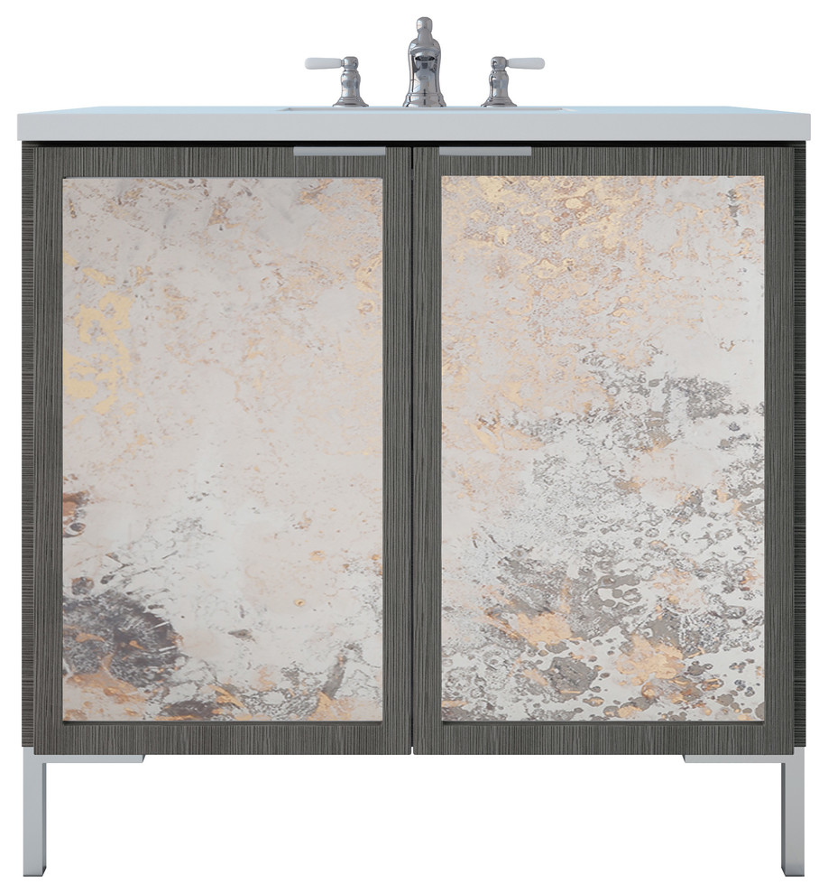 Freestanding Bathroom Vanity, Antique Mirror Insert, 36", Gray Cedar