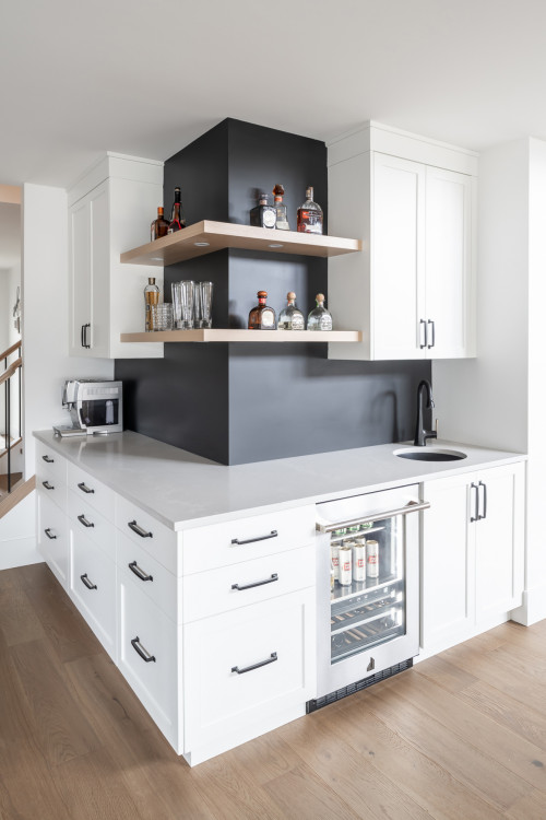Chic and Unique: White Shaker Style Cabinets with Black Wall Paint and Corner Shelves for Your Coffee Bar Ideas