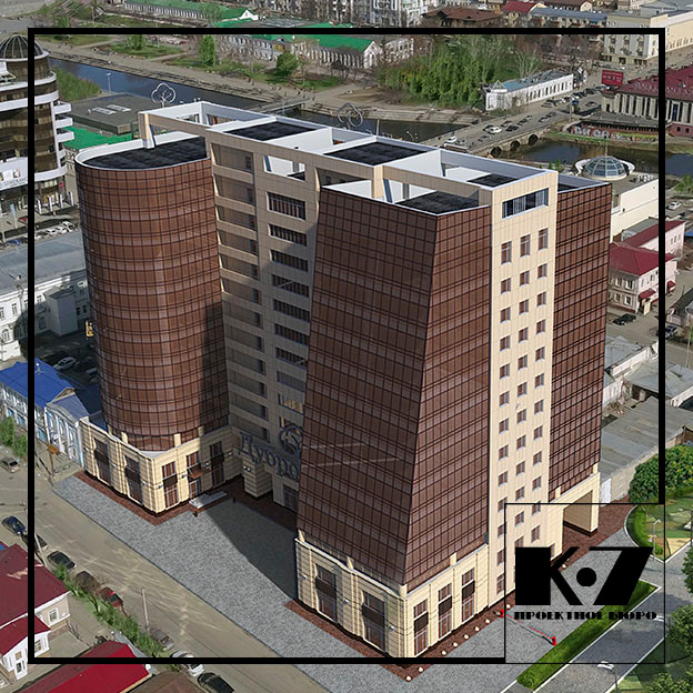 3D визуализация экстерьера офисного здания с подземной автопарковкой БЦ Дубровин