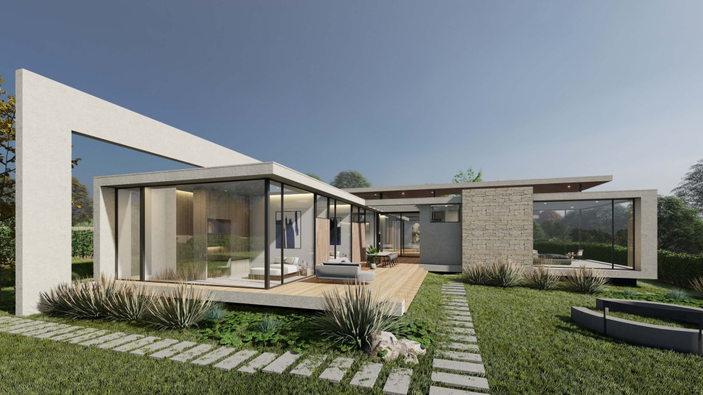 Inspiration pour une très grande façade de maison design en béton de plain-pied avec un toit plat.