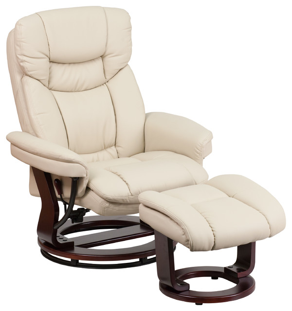 Beige Leather Recliner and Ottoman With Swiveling Mahogany Wood Base