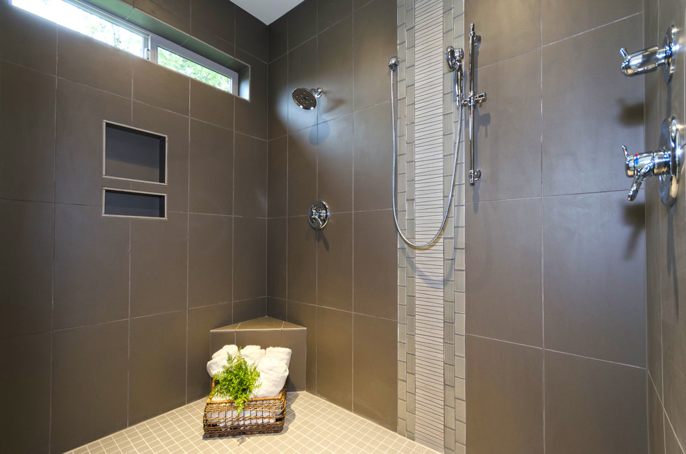 Photo of a large arts and crafts master bathroom in Portland with recessed-panel cabinets, dark wood cabinets, an alcove tub, a double shower, a one-piece toilet, beige tile, porcelain tile, beige walls, dark hardwood floors, a pedestal sink and tile benchtops.