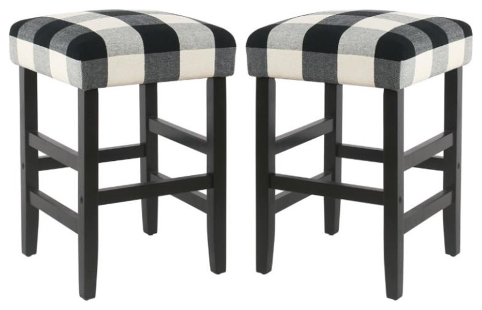 Home Square Buffalo Plaid Wooden Counter Stool in Black & White Set of 3 Farmhouse Bar