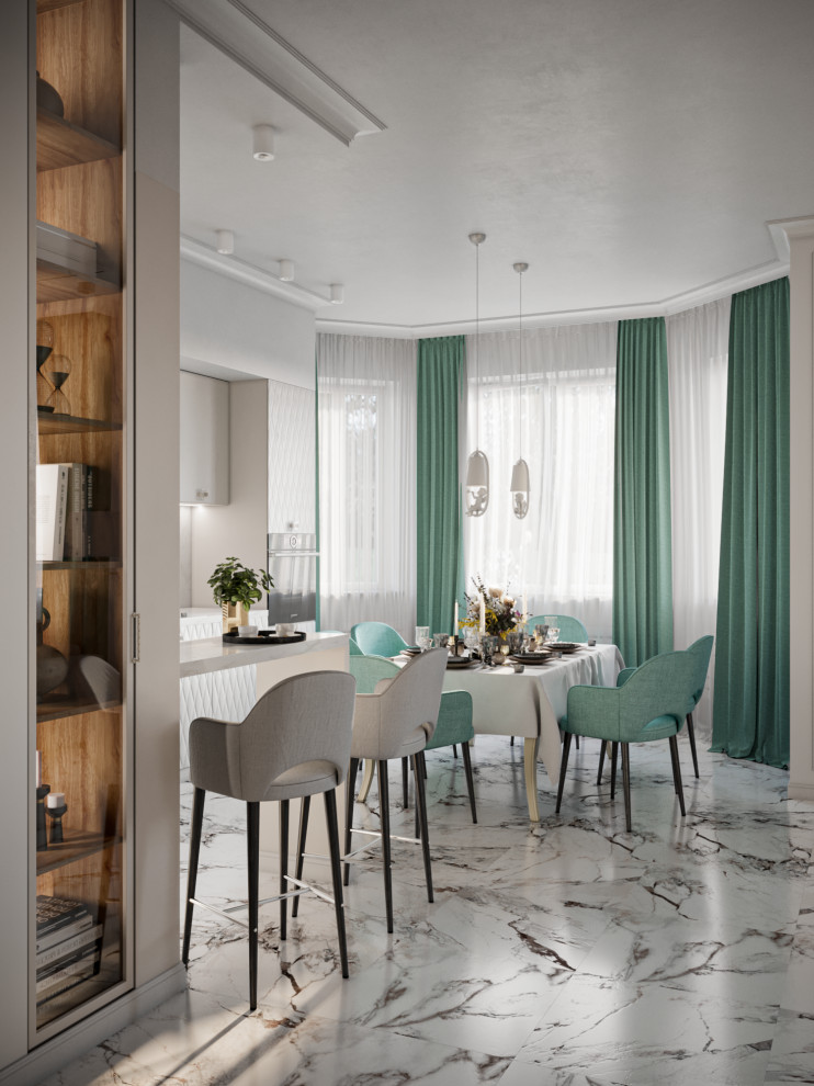 Мятная неоклассика. Кухня-гостиная в загородном доме.